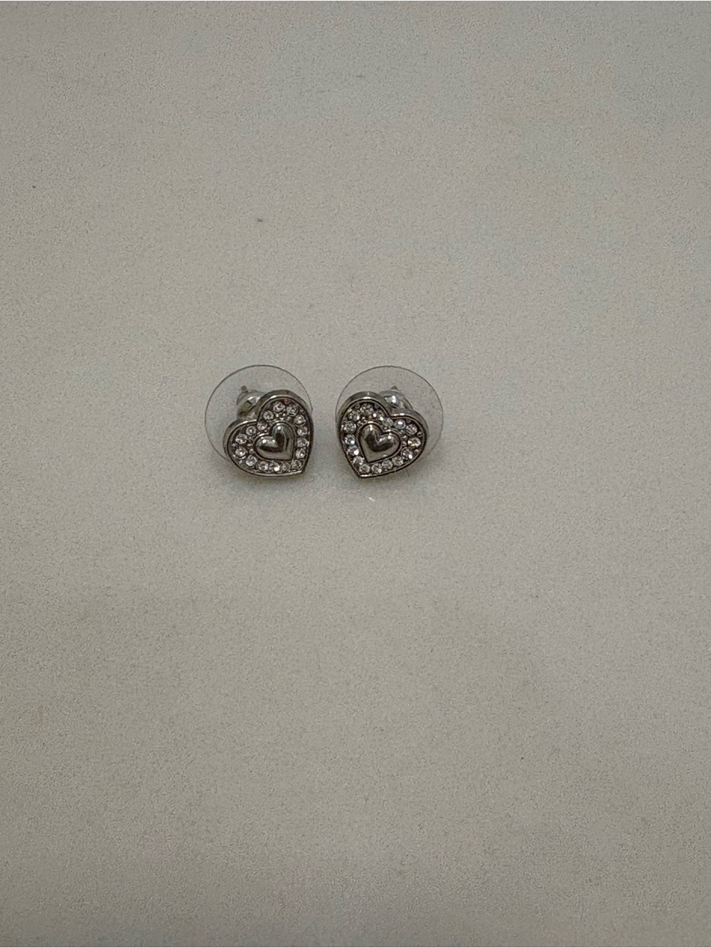 Silver Heart Stud Earrings with Crystal Accents